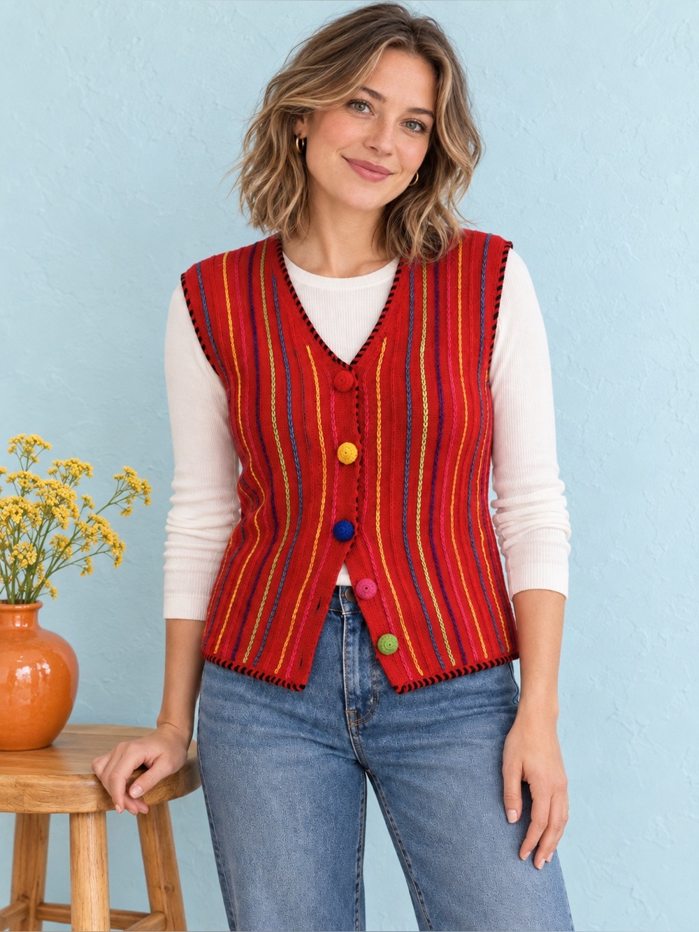 Vintage 90s Red Ramie Cotton Striped Button Sweater Vest